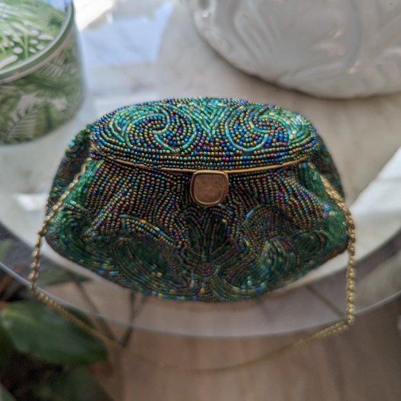 VINTAGE Green Beaded Mini Bag Shoulder Crossbody Clutch Convertible - Picture 14 of 16